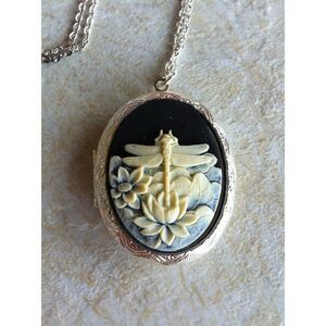 Gift anniversary Christmas Black Ivory Dragonfly Cameo Locket Necklace Photo